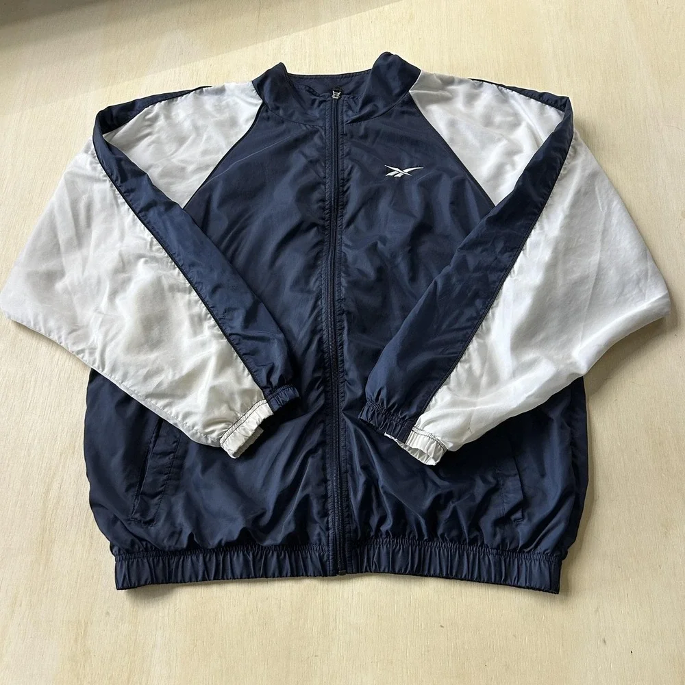 Y2K Reebok Windbreaker Jacket Mens XL Blue Zip Colorblock Lightweight Athletic